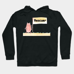Rescuer. Profession, work, job. Cat shows a banner with the inscription. Watercolor illustration. A gift for a professional. Hoodie